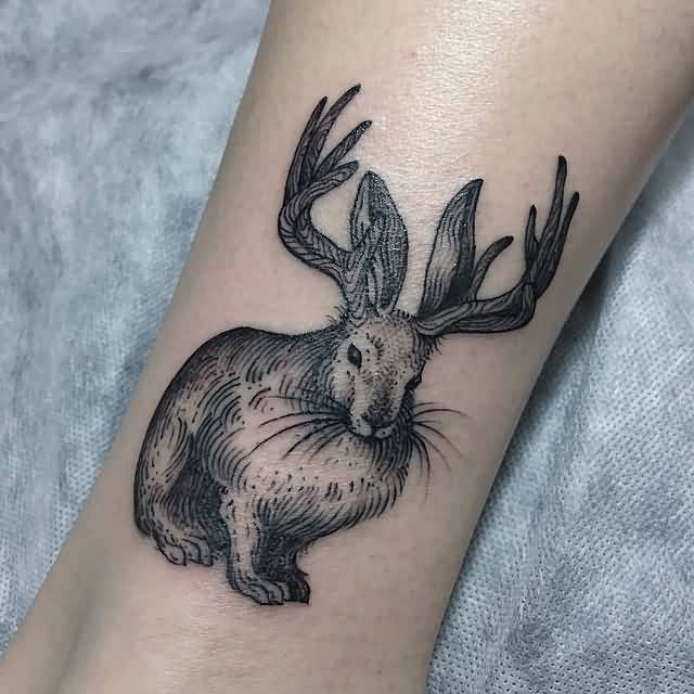 Geometric Jackalope Tattoo On Leg