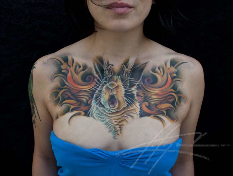 Jackalope Tattoo On Girl Chest